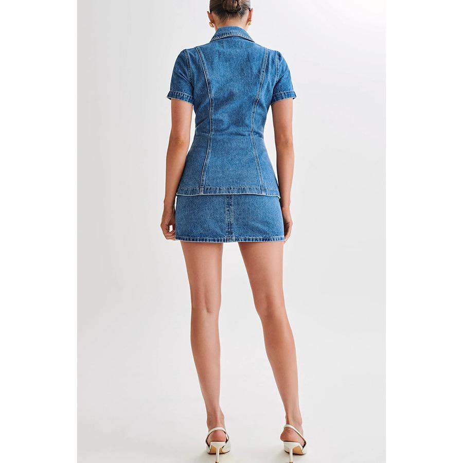 IHUASU Women's Modern Style Denim Short-sleeved Button High-waisted Short Skirt Set