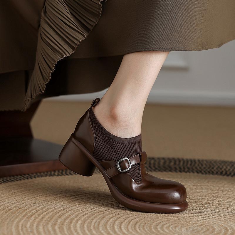 Large Size Flying Weaving Deep Mouth Single Shoes New Mary Jane Shoes Belt Buckle Thick Heel Small Leather Shoes