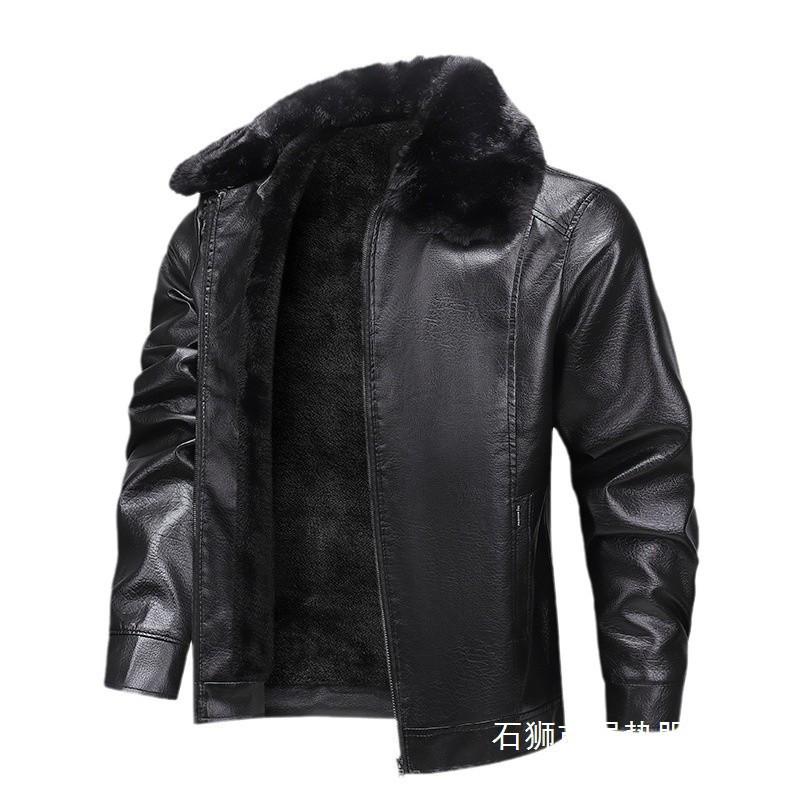 Mens Winter Thick Fleece-Lined Leather Jacket Windproof Waterproof Casual Outerwear Middle-Aged Men