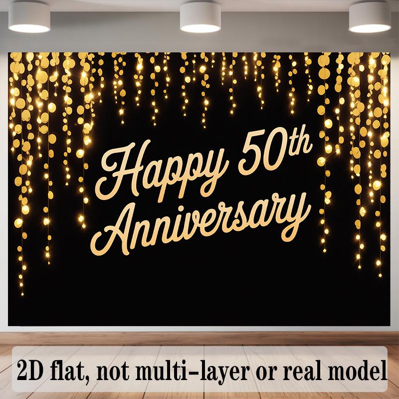 50th Anniversary Banner, Golden String Lights Backdrop Wall Decor for Celebration