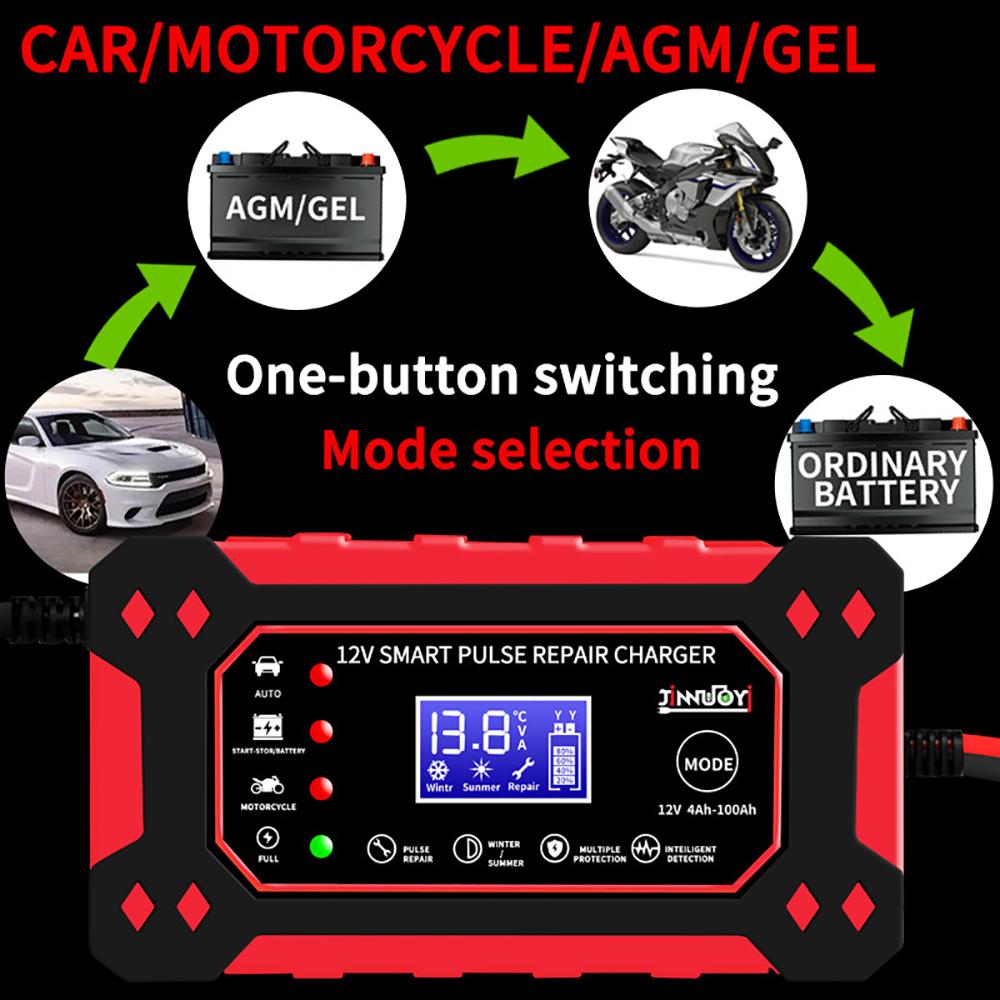 6A 12V Car Battery Charger Pulse Repair LCD Display Smart Fast Charge AGM Deep Cycle GEL Lead-Acid Charger for Auto Motorcycle