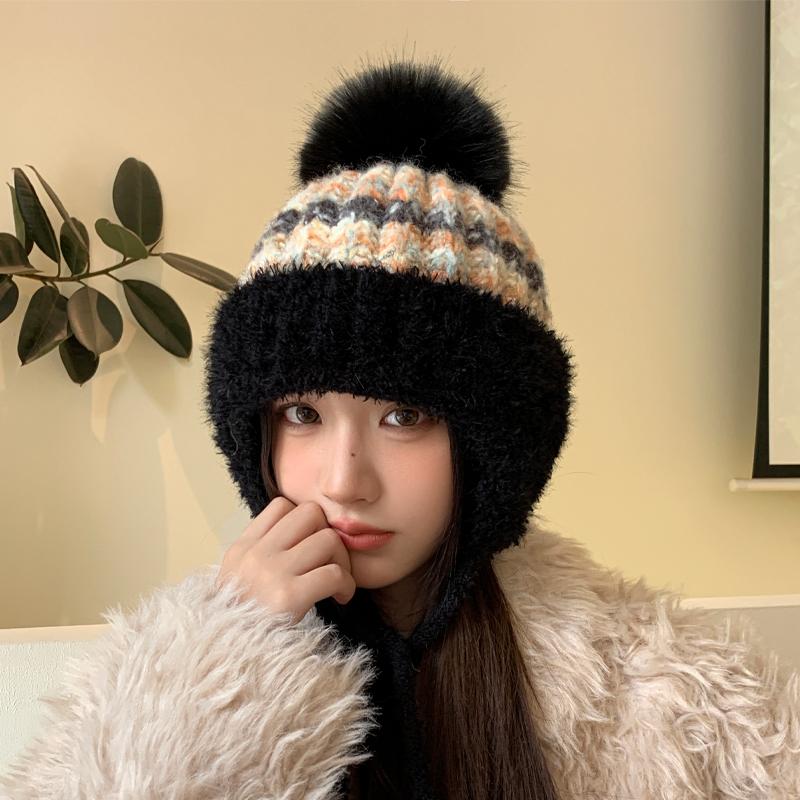 New Autumn and Winter Warm Plush Hat Knitted Hat Women's Fashion Ear Hat Windproof Hat
