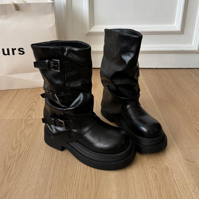 Fashion Retro Women Pleated Pipe Thick Heel Autumn Winter Belt Buckle Mid Calf Booties for Adult Women