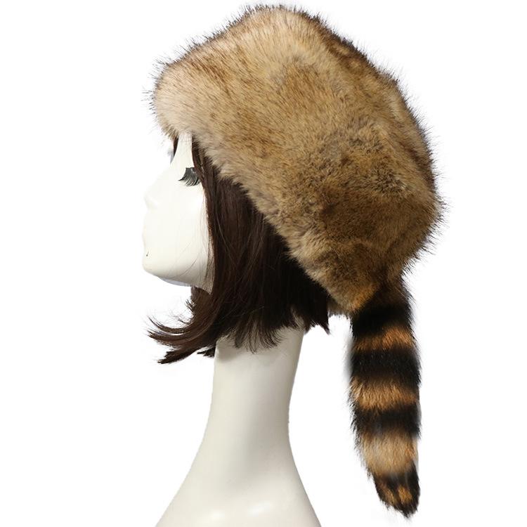 European & American Faux Fur Flat Top Hat with Raccoon Tail and Ear Protection – Warm, Fluffy Design for Autumn & Winter