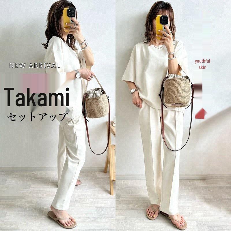 

Japanese Style Summer 2026 Round Neck Top & Elastic Waist Pants Set Small абрикосовый/белый