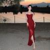 French Red Mesh Ruffle Edge Suspender Dress Women's Seaside Vacation Hip Fishtail Dress
