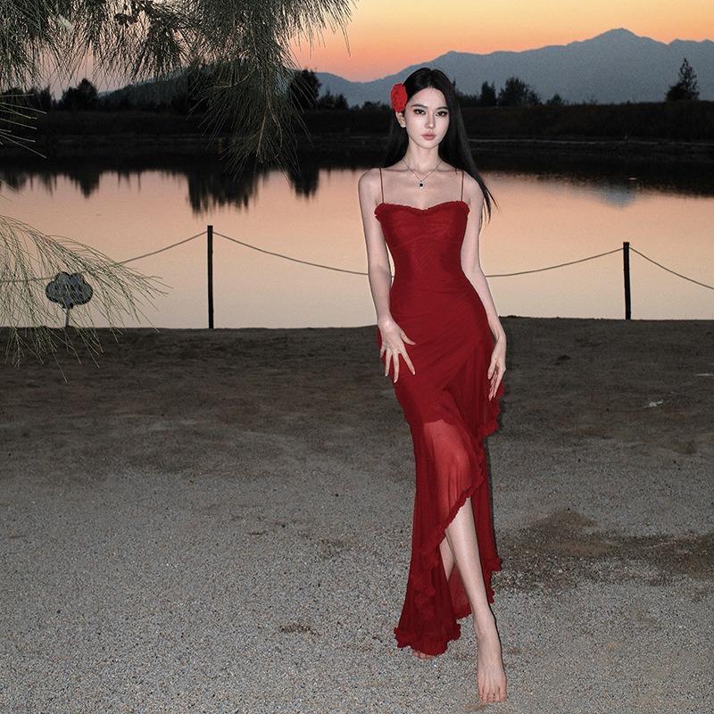 French Red Mesh Ruffle Edge Suspender Dress Women's Seaside Vacation Hip Fishtail Dress