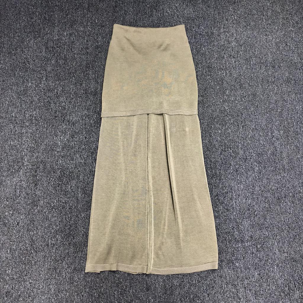 Longmei Women's Knit Wide-Leg Fake Two-Piece Elastic Waist Pants - Spring/Summer 2026 Minimalist Style Straight-Leg Trousers