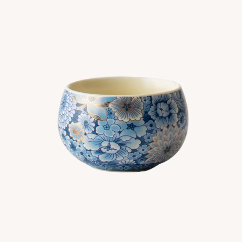 

1 Pc Chinese Blue and Flower Ceramic Tea Cup Handmade Ru Kiln Teacup Travel Personal Tea Bowl Master Cup Household Teaware 40ml 6.9x4.9cm 110ml