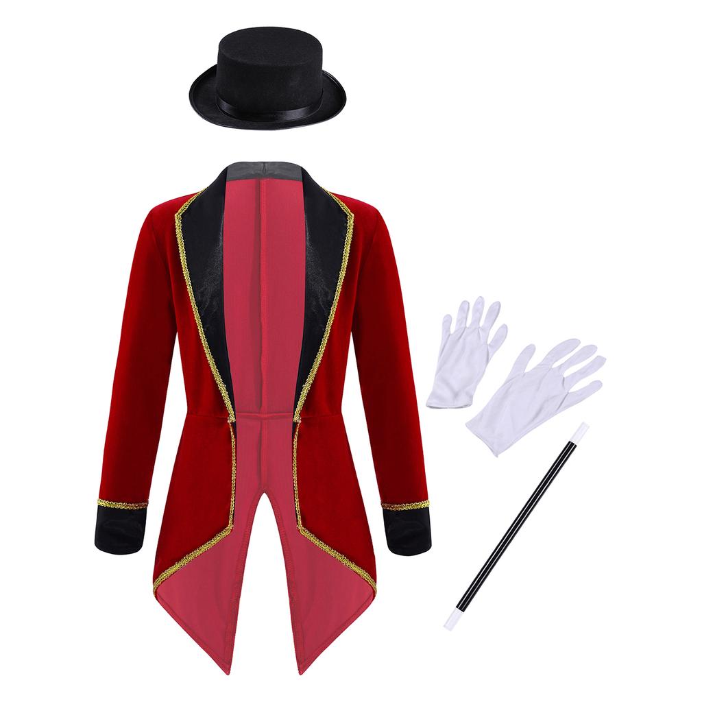 Boys Girls Circus Ringmaster Showman Magician Costume Halloween Tailcoat Jacket with Hat Gloves Outfits for Fancy Party