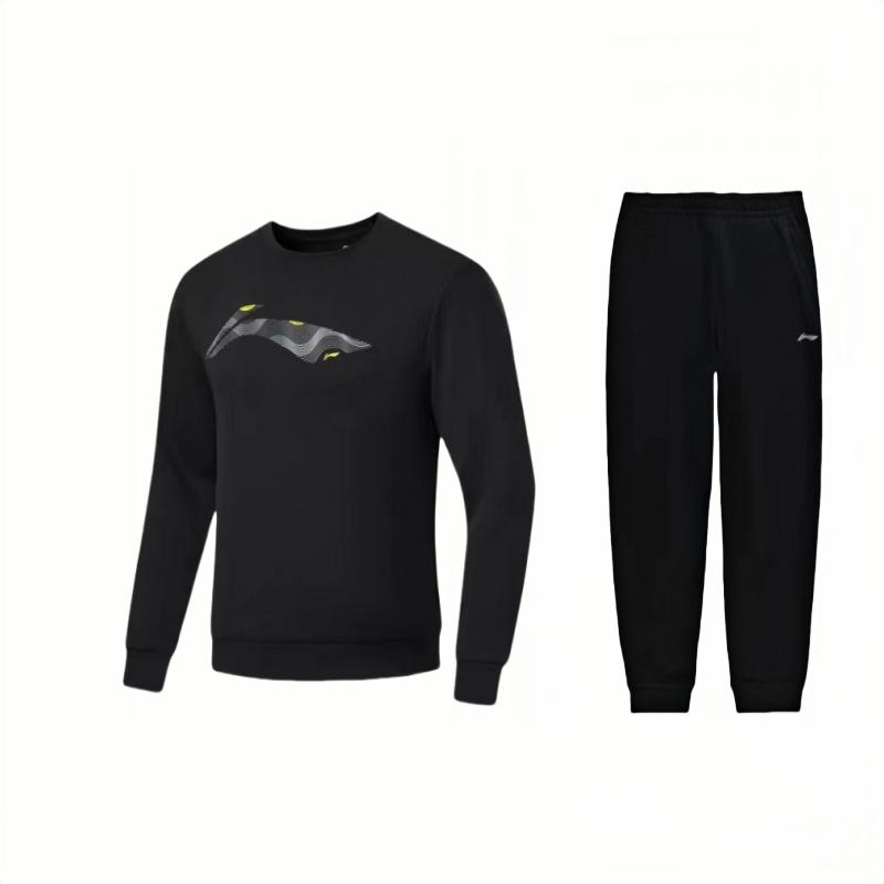 

Li Ning Логотип бренда для улицы Принт Круглый вырез Свободный Длинный рукав Брюки с эластичной талией Повседневный спортивный костюм Унисекс костюм Черный AWDU103-1+AKLSC99-1 M