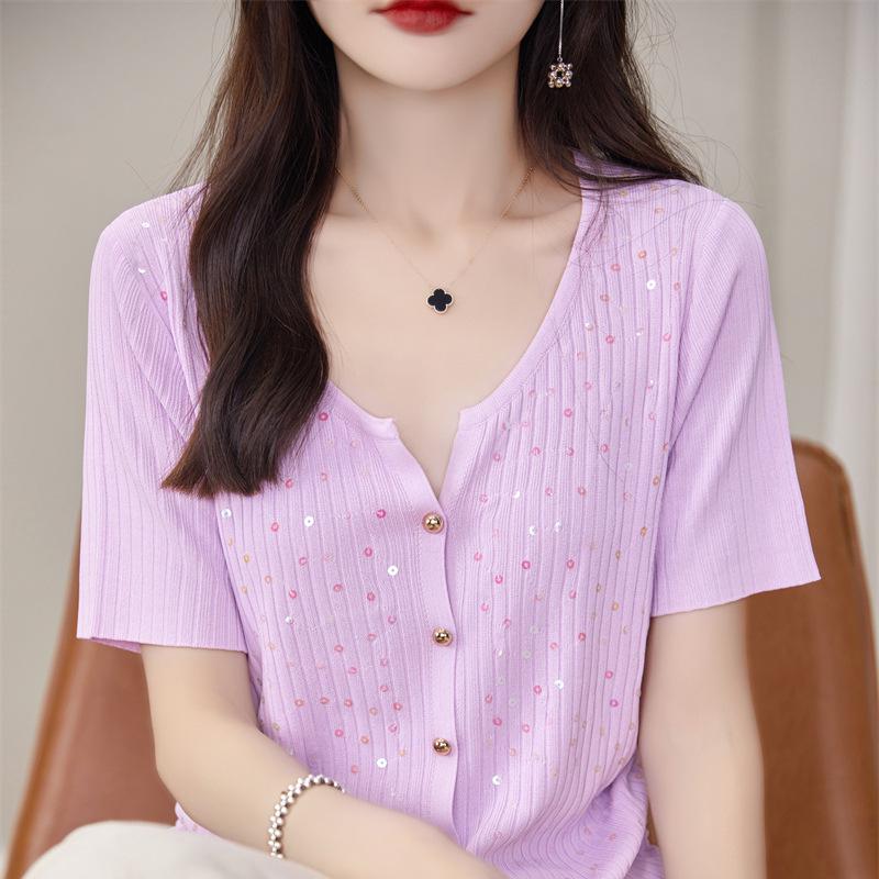 

Женская летняя футболка-кардиган из шелка Ice Silk с пайетками и шнурком One Size