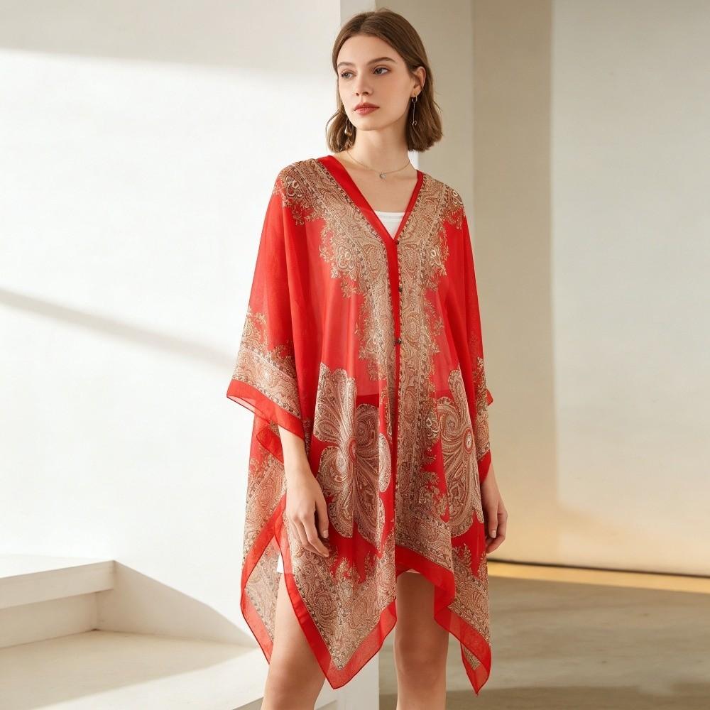 Breathable Sunscreen Thin Large Scarf with Buckle Seaside Vacation Cloak  Neck Decoration