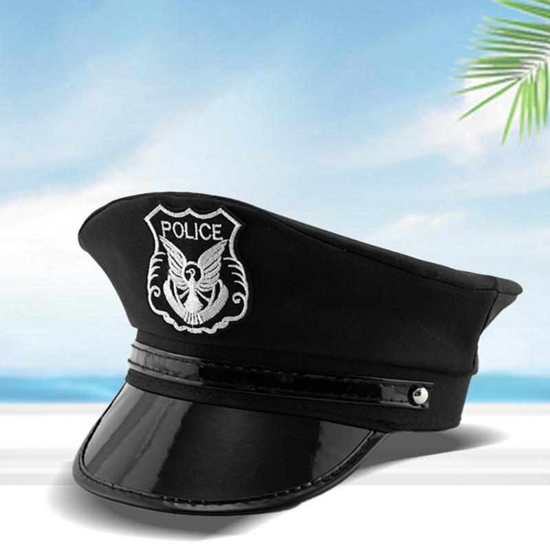 Chapeau de policier adulte avec badges brodés Chapeau militaire Fête d'Halloween Cosplay Chapeau de policier Voyage Prise de photo Chapeau adulte