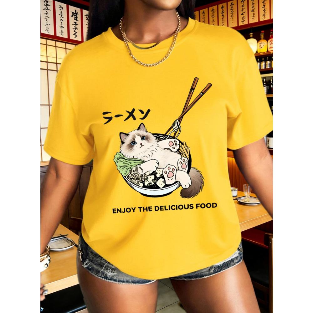 Cat Lying Down After Eating Too Much Printed Women Y2K Tee Shirts Casual Breathable T-Shirt Summer Jogging Streetwear