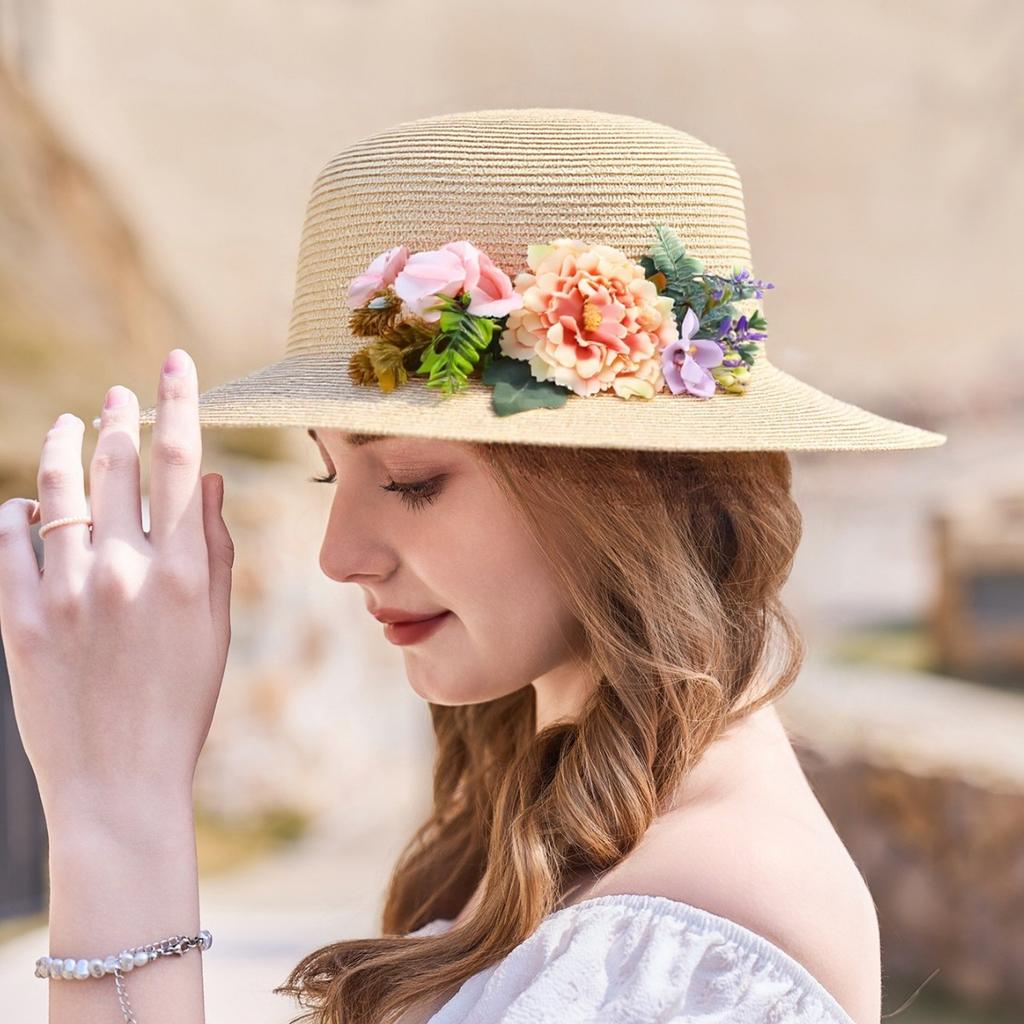 Summer bucket hat women's woven flower hat vacation visor sun hat