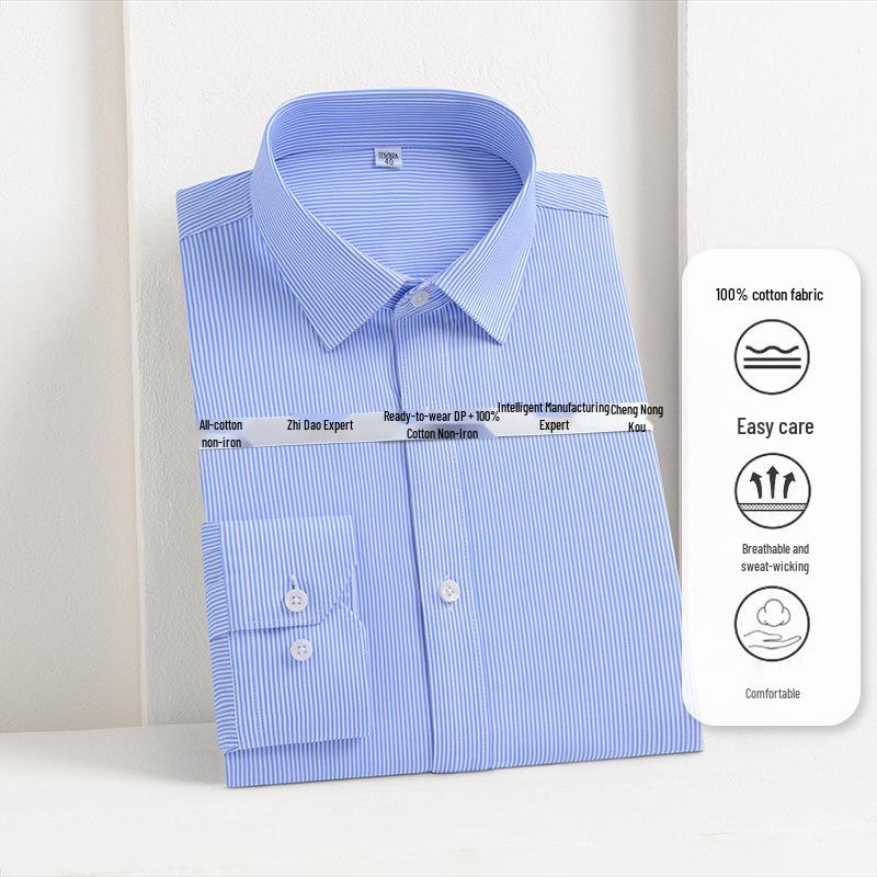 Men's Non-Iron Long Sleeve Cotton Shirt: Business Casual Solid & Stripe