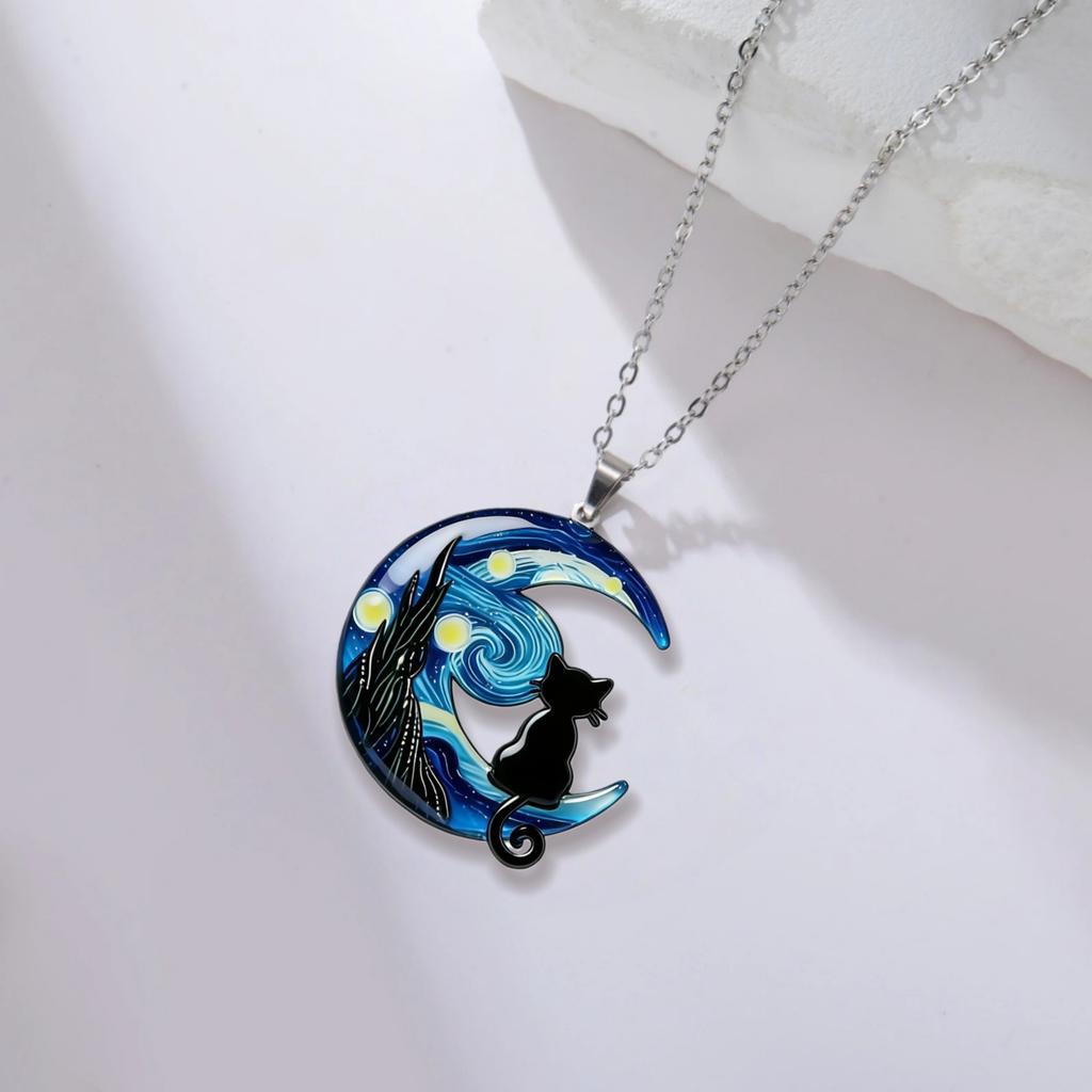 Van Gogh The Starry Night Necklace Star Moon and Black Cat Necklace Asymmetric Night Sky Necklaces For Women Birthday Jewelry