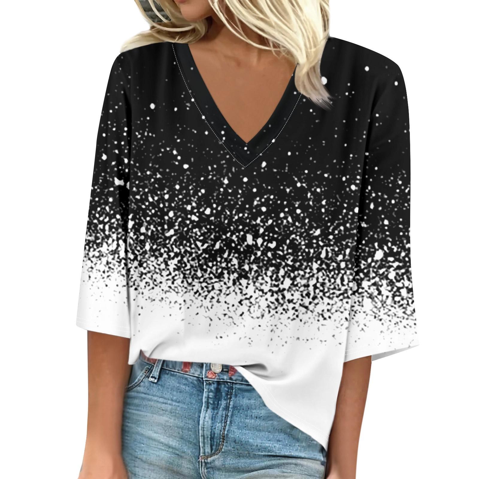 

Women s Shirt Blouse Casual Loose Shirts 3/4 Sleeve Print V Neck Tops Print Tops T-shirts Tee XXXL чёрный