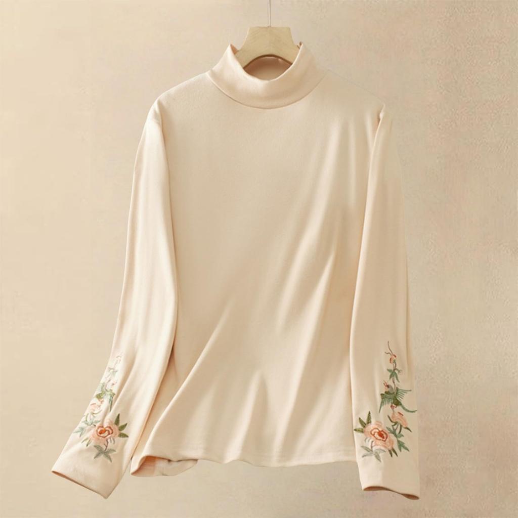 Women's Fashion Retro Velvet Literary Embroidery High Neck Long Sleeve T-Shirt Top