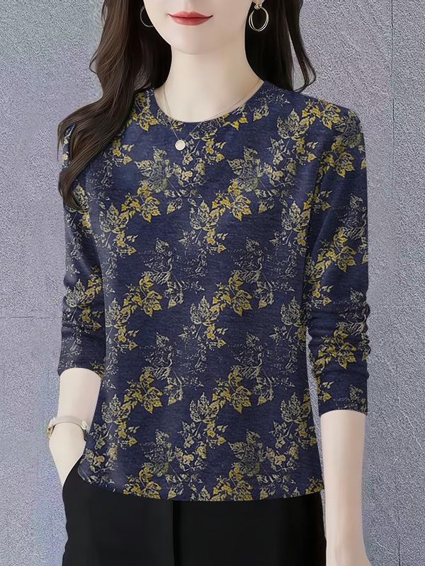 2025 Spring/Autumn Long-Sleeve Round Neck Slimming T-shirt for Moms