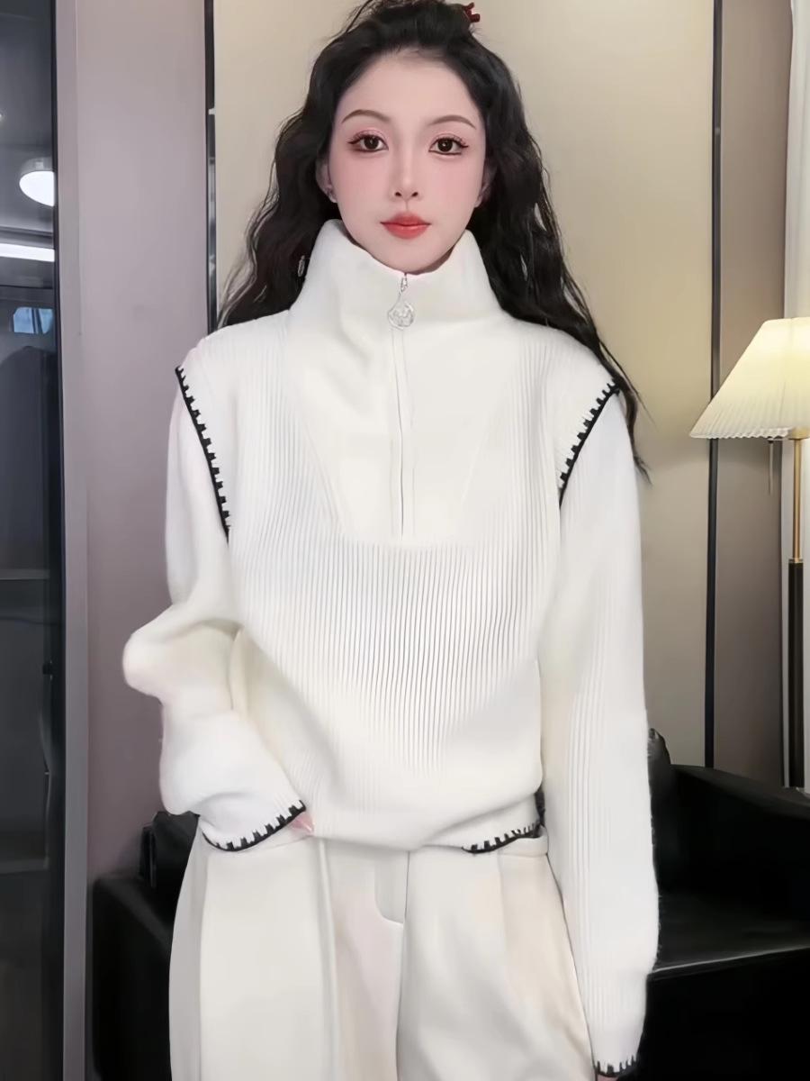 

Chic Women s Half-Zip High-Neck Sweater - Autumn/Winter Style, Versatile, Loose Fit, Thick Knit, Trendy Design. Small білий