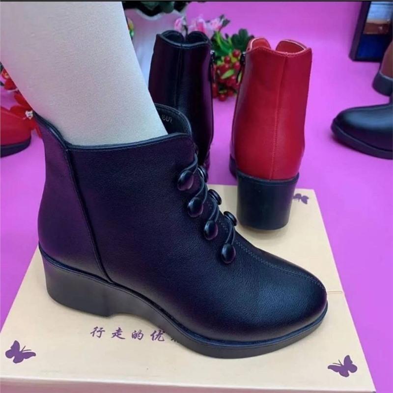 Real soft leather 2025 autumn and winter new wedge heel women's leather boots warm short boots mother velvet cotton shoes versatile Martin boots tide