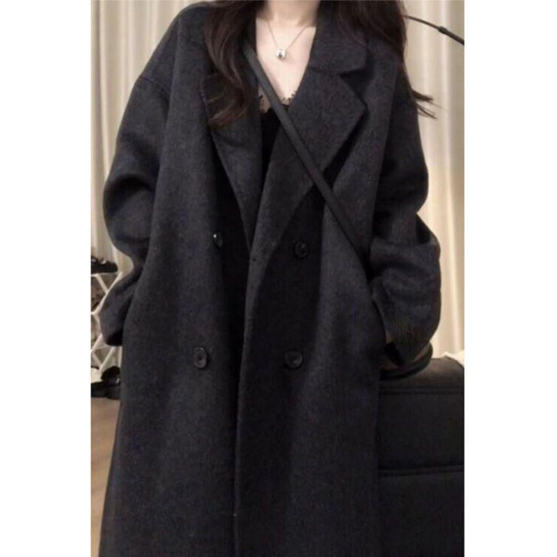 Women's Mid-Length Hepburn-Style Wool Felt Coat - Autumn/Winter Plus Velvet Thickened Petite Fit