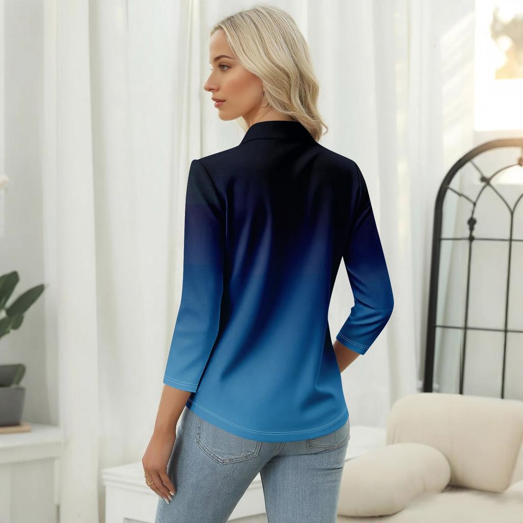 Damen Casual Blumenmuster V-Ausschnitt 3/4 Ärmel Dekorative Knöpfe T-Shirt Top