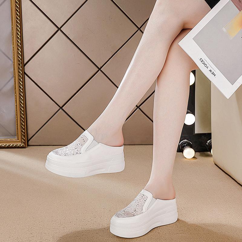 Baotou Half Slippers Hollow Breathable White Shoes Spring And Summer New Style Versatile Thick Sole Inner Heightening Mesh Shoes