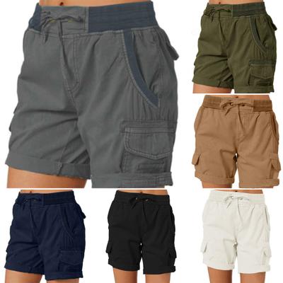 Shorts Femininos Cintura Alta Cordão Ajustável Shorts Cargo com Bolsos Cor Sólida Shorts Casuais de Verão Uso Diário
