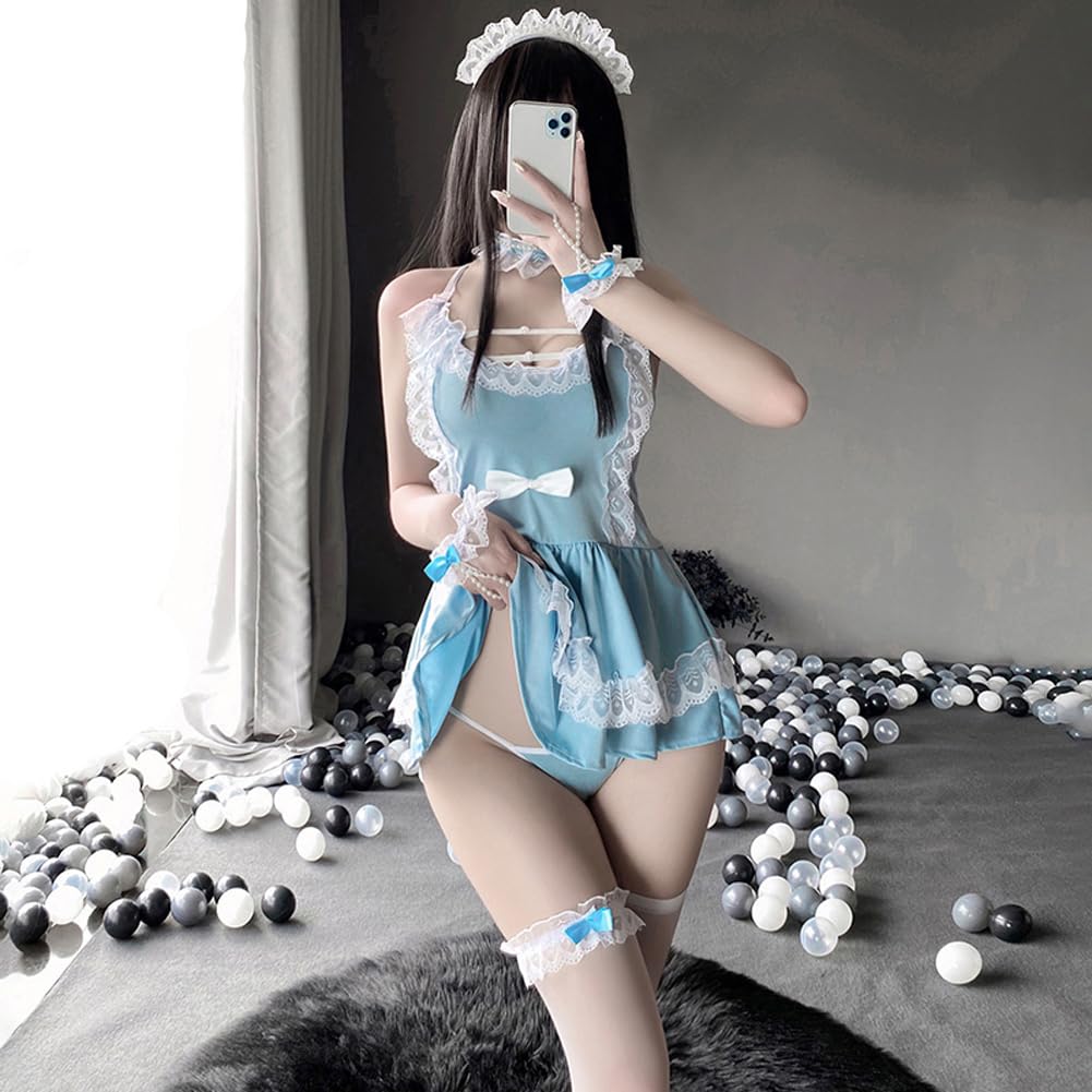 Cosplay Maid Erotic Extreme Cute Blue White Maid Cosplay Innocent Style One Piece Baby Doll Temptation Women Adult Costume Christmas Day Anniversary