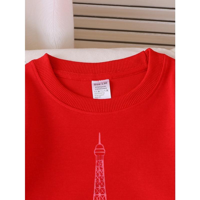 European sizes Girls Soft Crewneck Sweatshirt Pink Eiffel Tower Line Art Print, Casual for Fall Winter, Ideal Holiday Present.
