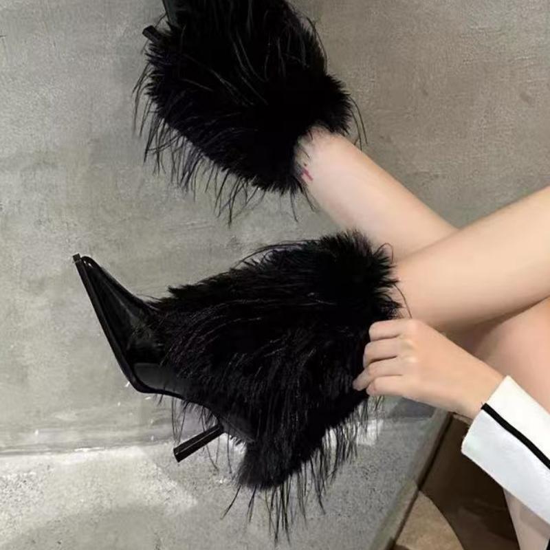 Fur Women's Ankle Boots High Heels Elegant Pointed Toe Shoes Winter  Fad Chelsea Boots New Pumps Designer Snow Mujer Botas
