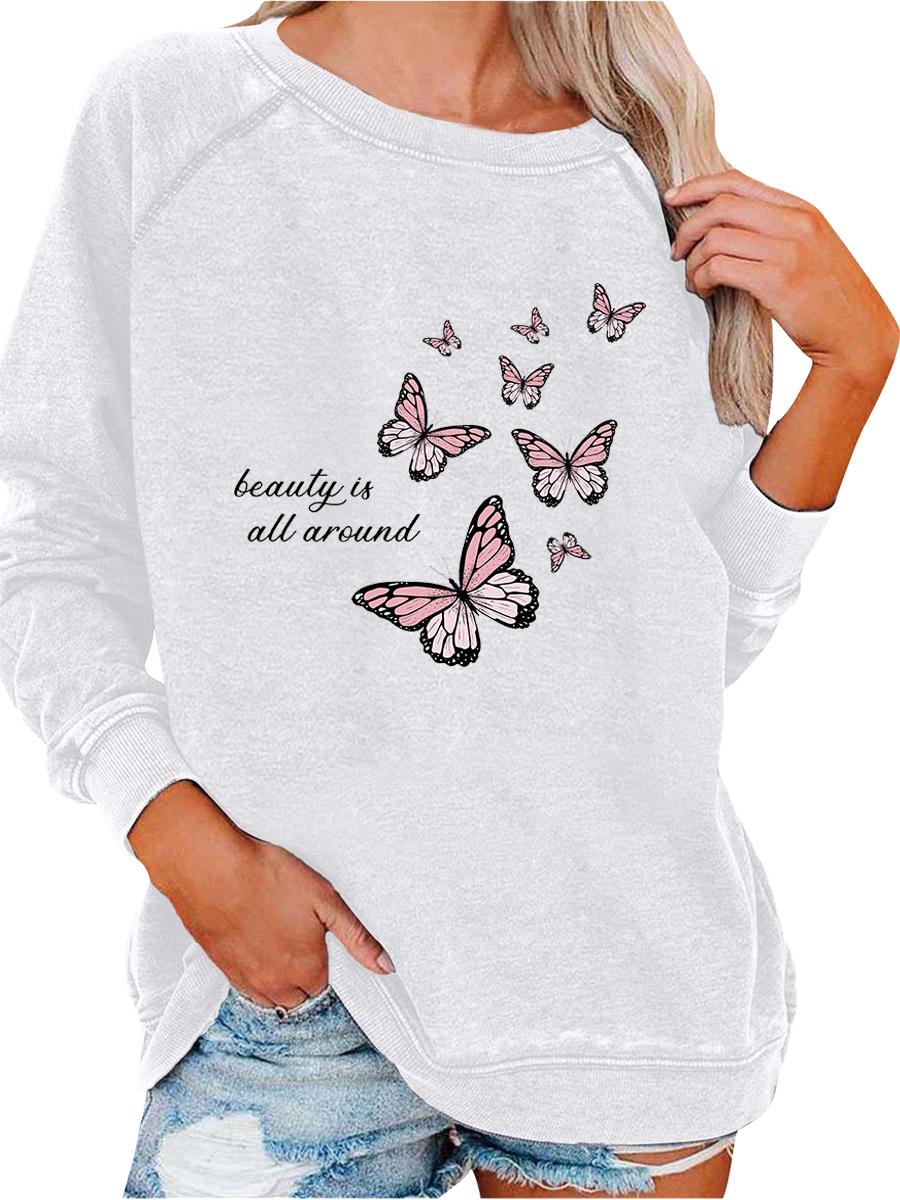 

Женский пуловер оверсайз, толстовка с принтом бабочки, женская модная толстовка на весну/осень S белый