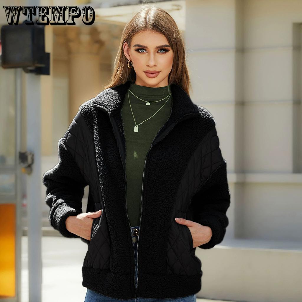 Women's Fall and Winter Long-sleeved Cardigan Zipper Plush Splicing Ladies Short Jacket