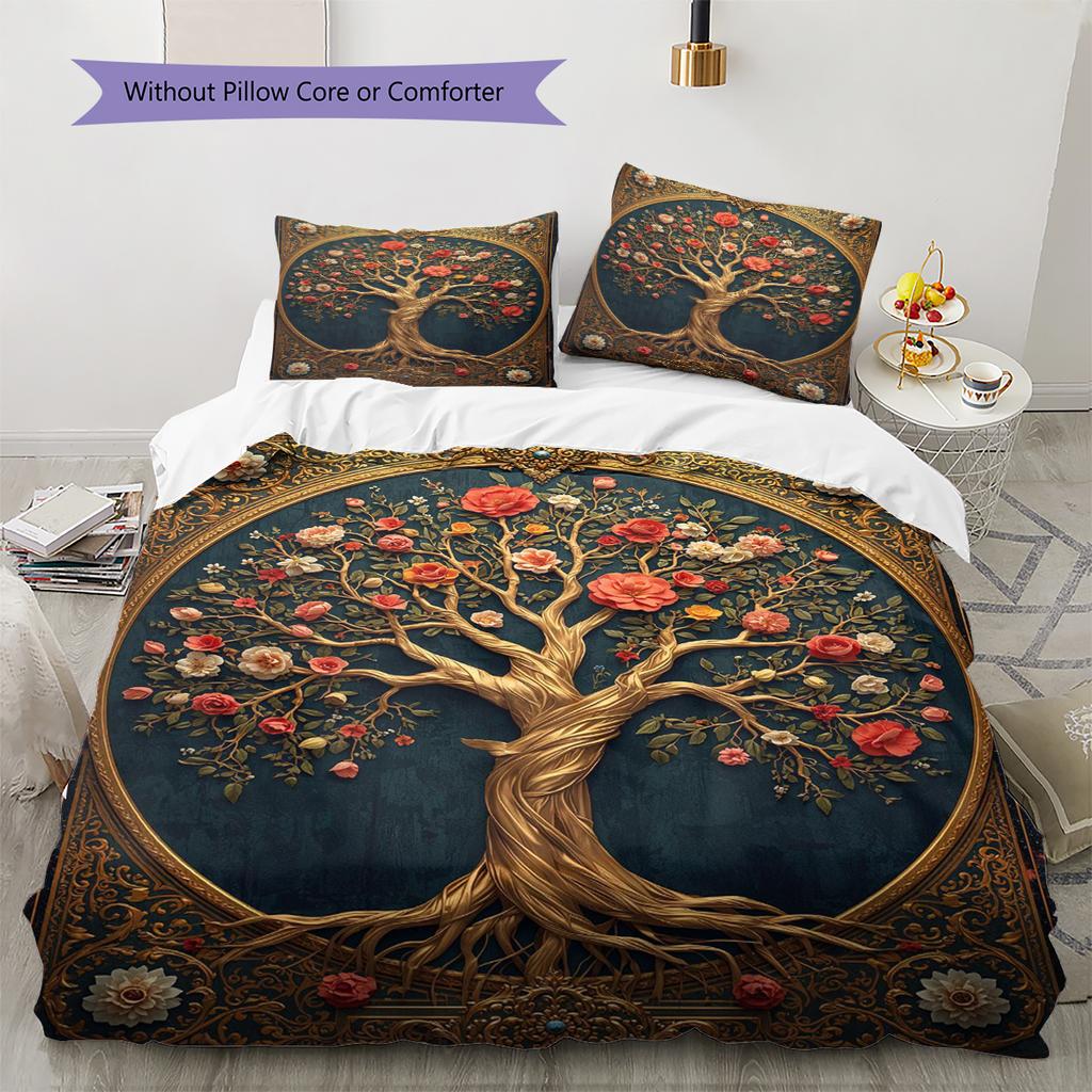 Tree of Life Pattern Bedding Quilt Set Quilt Cover Pillowcase Home Decoration Gift (1 * Duvet Cover + 2 * Pillowcase, Without Core)