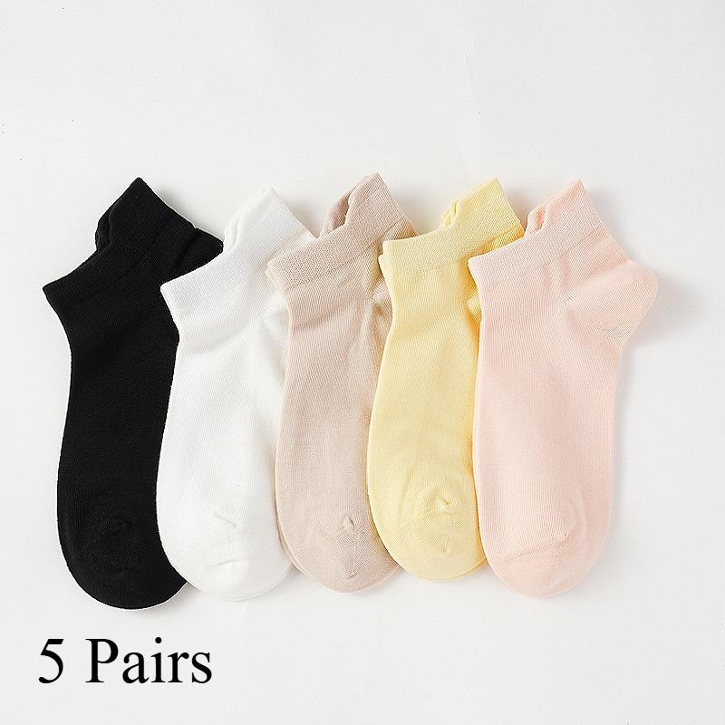 5 Pairs Women Cotton Ankle Socks Seamless Solid Color Girls Sweet Casual Socks