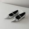 Pointed silver sequined flower Mary Jane women's shoes one-word buckle with light mouth French inner heightening shoes