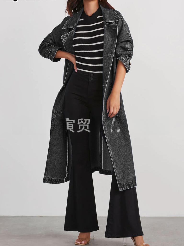 New In Autumn Winter Women's Denim Cotton Solid Color Double Pocket Long Sleeve Loose Tie Closure Coat