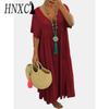 HNXC Women Summer Fashion Solid V-Neck Plus Size Dress Loose Long Oversized Casual Short Sleeve Dress