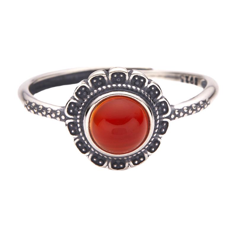 S925 Sterling Silver Natural Red And Green Agate Purple Dragon Crystal Sea Blue Treasure Color Treasure Thai Silver Ring Ethnic Style Pattern
