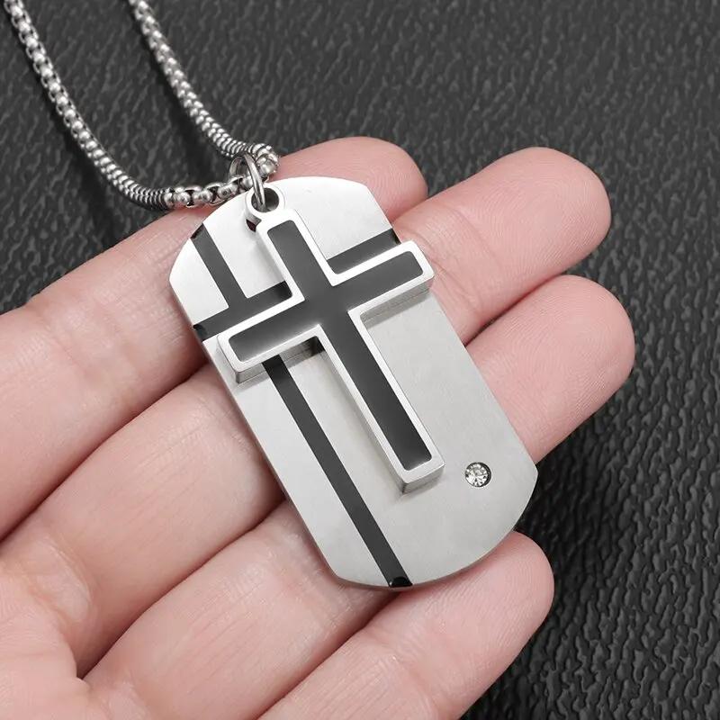 Collana da uomo con croce in acciaio inossidabile color argento, croce della fede, ciondolo con versetto biblico, medaglietta, regali di compleanno per ragazzi