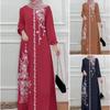 Women's Crew Neck Long Sleeve Maxi Dress Loose Waist Floral Embroidery Modest Abaya Dress