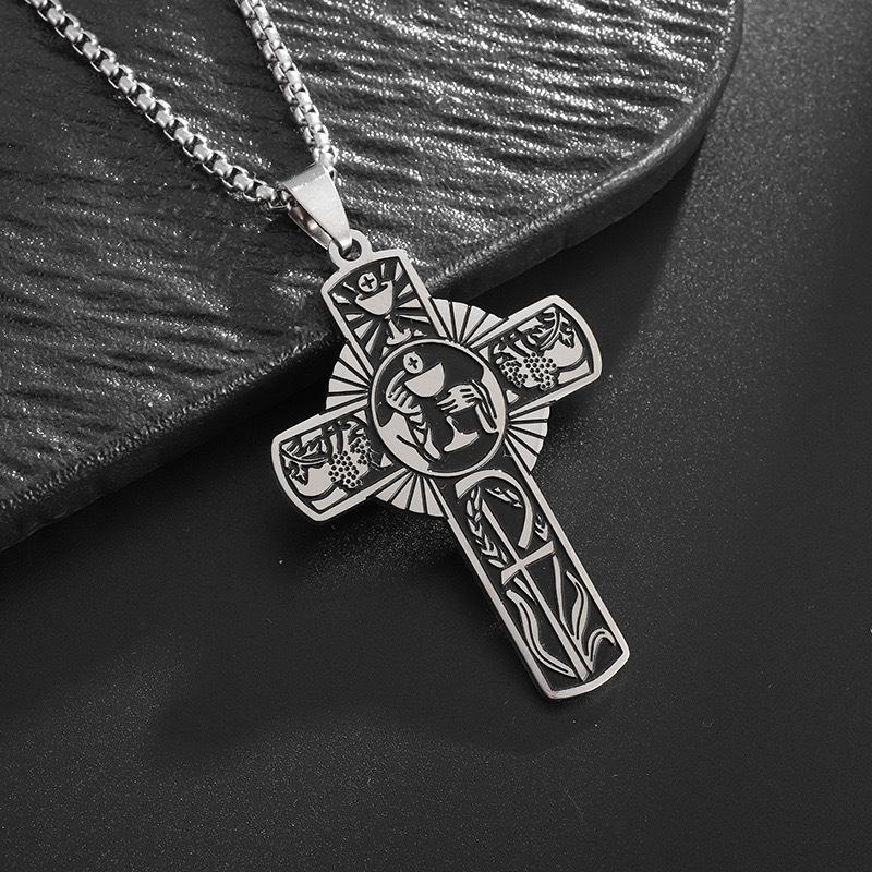 Personalized Stainless Steel Mens Womens Cross Necklace Vintage Religious Holy Spirit Eucharist Halo Grape Juice Cup Cross Penda
