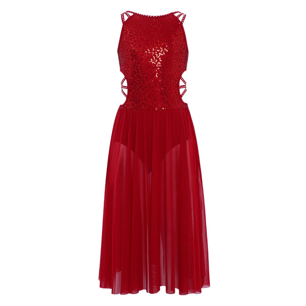 Girls Performance Dress Shiny Sequins Rhinestones Strappy Cutout Waist Side Split Mesh Dancewear