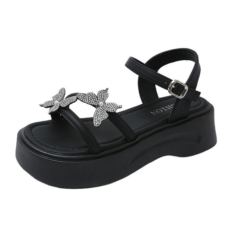 Muffin Thick-soled Heightening Cool Slippers Women's Summer Wear 2025 New Rhinestones with Skirts Beach Fairy Style Sandals
