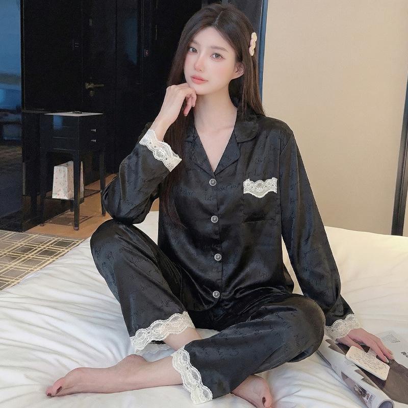Ice Silk Pajamas Women'S Spring And Summer Thin Long-Sleeved Trousers Fashion Cool Cardigan Loungewear Suit Can Be Worn Outside