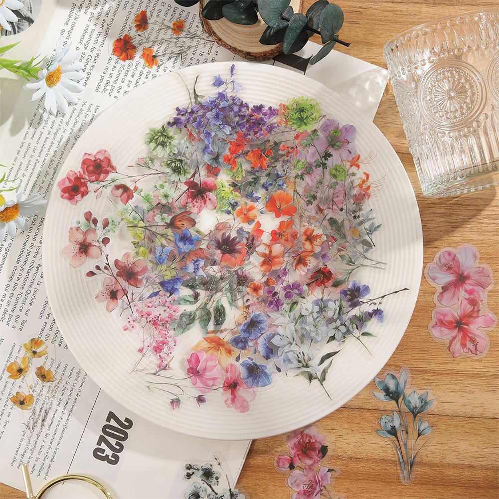 50pcs Nature Plant Sticker Transparent Floral Sticker Ink Flower Sticker for Journaling Clear Decals