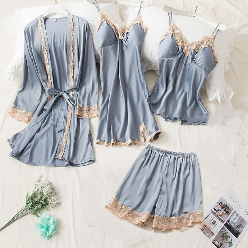 Women's Silk Five-Piece Pajama Set: Spring/Autumn Nightdress & Robe with Chest Pad